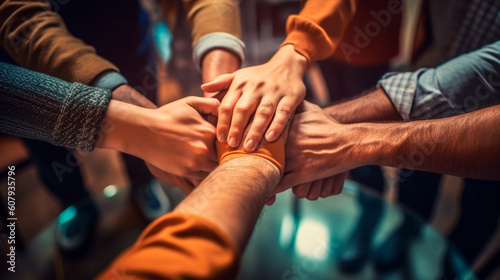 Unity and Teamwork: Work Team Holding Hands in Solidarity. Generative AI.