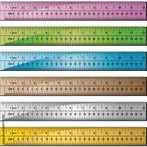 Set of 6 metal/wooden rulers with hole punch at end. Rulers measured in inches with centimeter dashes.