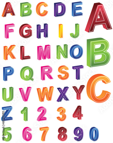 Set of 3D letters of the alphabet and numbers.