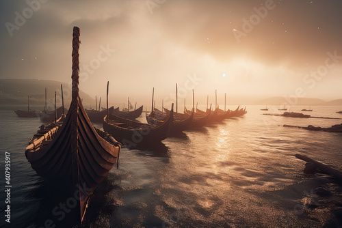 Viking ships docking in the harbour in the sunny morning. Wooden boats of the Vikings tray to setting out to conquer. generative ai.  © Robert