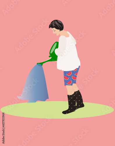 Lady gardener watering plants flat vector