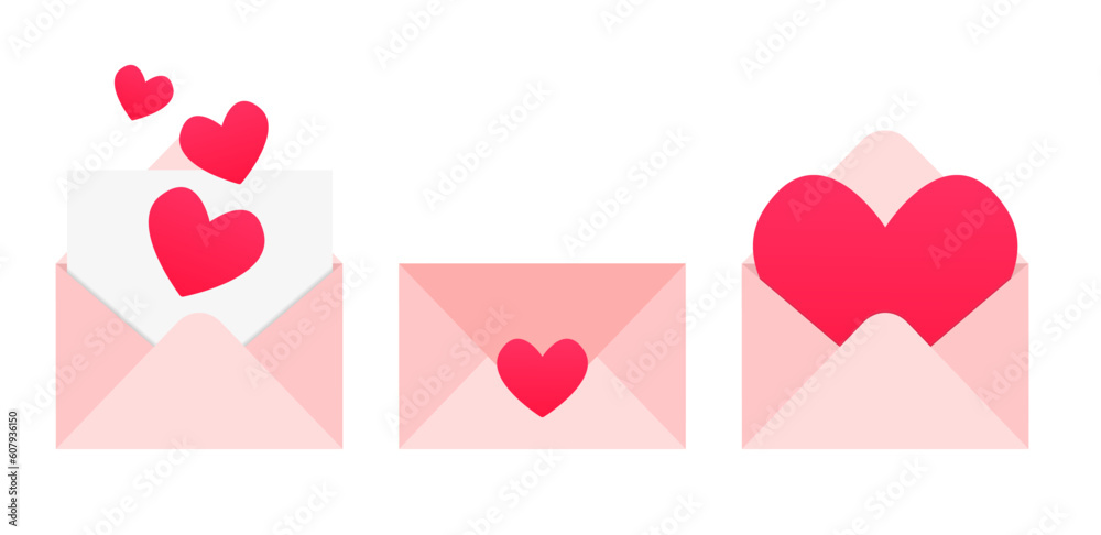 Mail envelope icon set with marker new message. Render email notification with letters, paper plane. Love letter. There is a card with a heart in the envelope. Romantic letter. Vector illustration