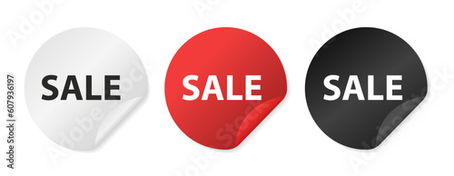 Sale sticker. Round sticker with an offer message. New fashion arrival sign. Promotional offer symbol. Red sticker. New collection icon shape. Adhesive paper banner offer. Vector illustration