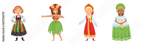 Photography Girl Character Wearing Traditional Ethnic Clothing of Various Countries Vector S