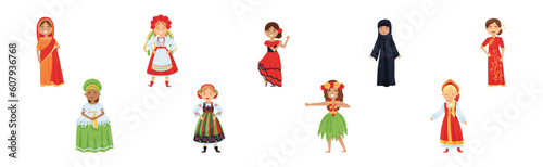Girl Character Wearing Traditional Ethnic Clothing of Various Countries Vector Set