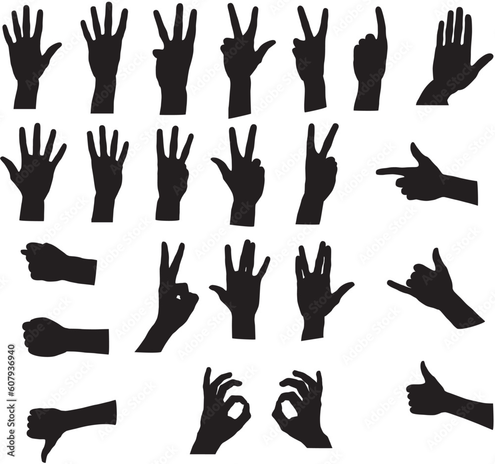 Gesture hand silhouette - black on white vector. Assorted hand silhouettes. Signals including Gesture hand silhouette - black on white vector. Assorted hand silhouettes. Signals including
