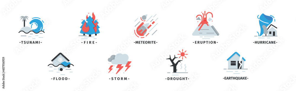Natural Disaster Icons with Drought, Hurricane, Eruption, Fire and Meteorite Vector Set Natural Disaster Icons with Drought, Hurricane, Eruption, Fire and Meteorite Vector Set
