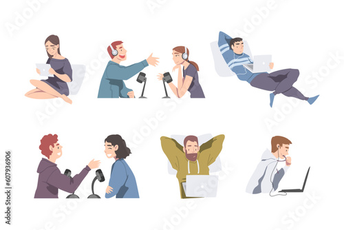 Smiling People Listening and Recording Audio Podcast with Microphone and Headphones Vector Set