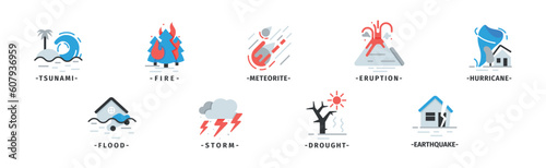 Natural Disaster Icons with Drought, Hurricane, Eruption, Fire and Meteorite Vector Set