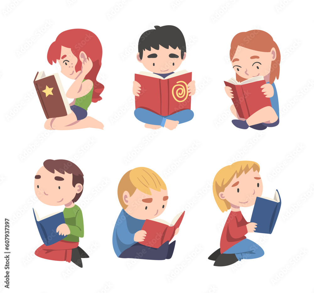 Little Children Sitting with Open Book and Reading Vector Set Little Children Sitting with Open Book and Reading Vector Set