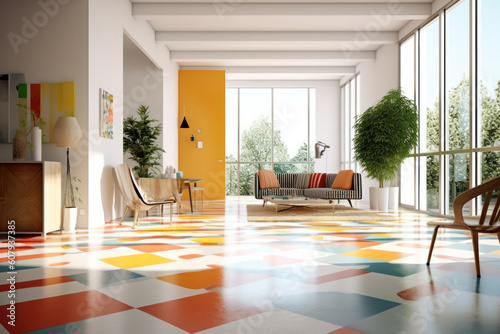 Modern apartment lounge, paintings on canvas with colored abstraction and bright floor tiles, yellow and white wall and ceiling. Sunlight, full-length windows. 3d illustration, generative AI © Garnar