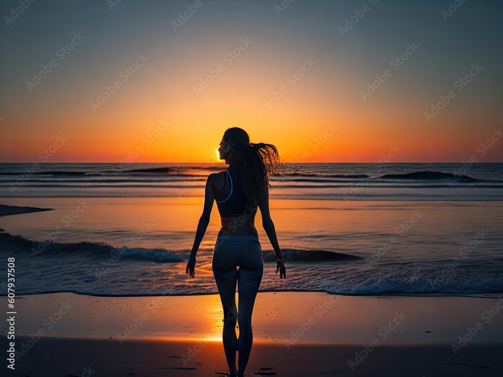 woman back view practicing yoga at seashore at sunset. ai generative