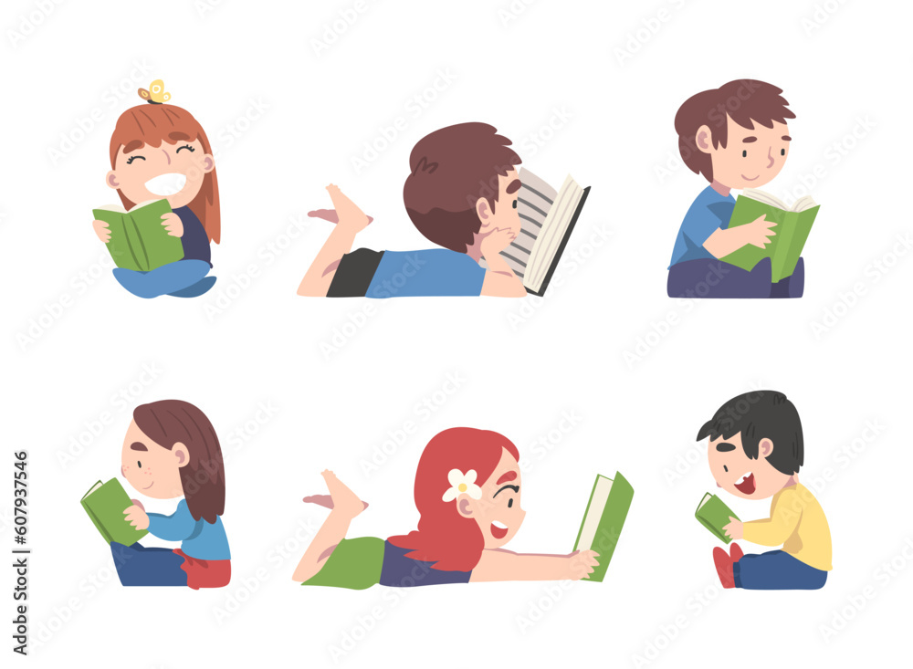 Little Children Sitting with Open Book and Reading Vector Set Little Children Sitting with Open Book and Reading Vector Set