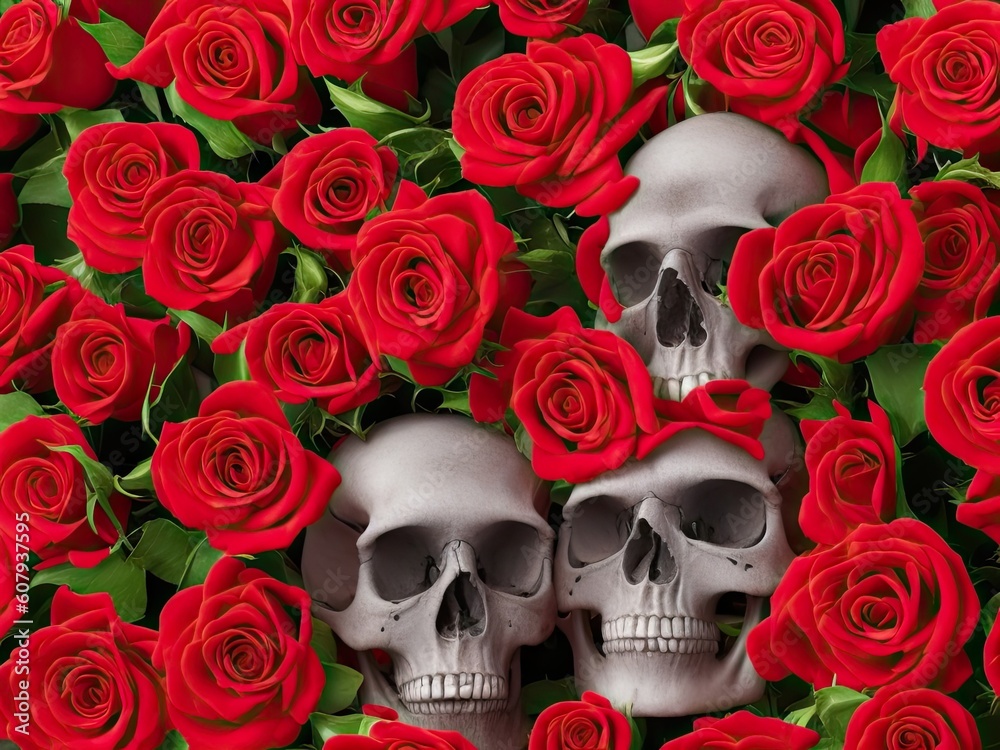 Red roses flower bouquet on rustic wood with skull, ai generative Red roses flower bouquet on rustic wood with skull, ai generative
