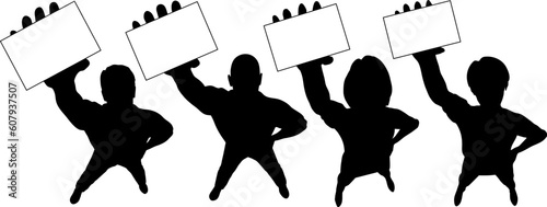 Editable vector silhouettes of people holding cards upwards, with cards as separate easily replaceable objects.