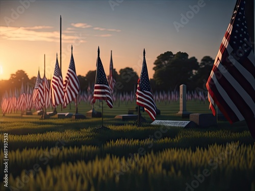 A panorama image of a display of United States flags on Memorial Day, ai generative