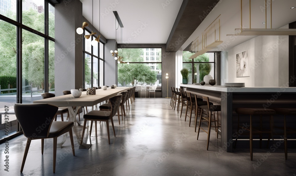 a large dining room with a long table and chairs and a bar with a view of the outside of the room and trees outside the window. generative ai a large dining room with a long table and chairs and a bar with a view of the outside of the room and trees outside the window. generative ai