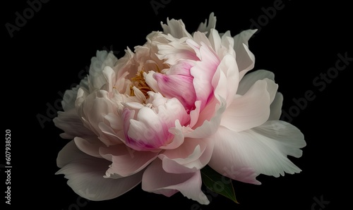  a large pink and white flower on a black background with a green leaf in the middle of the flower and a black background behind it.  generative ai