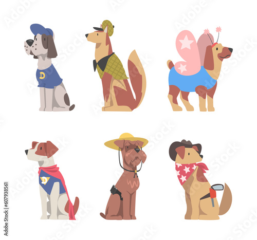 Funny Dog Wearing Costume and Clothing Vector Set
