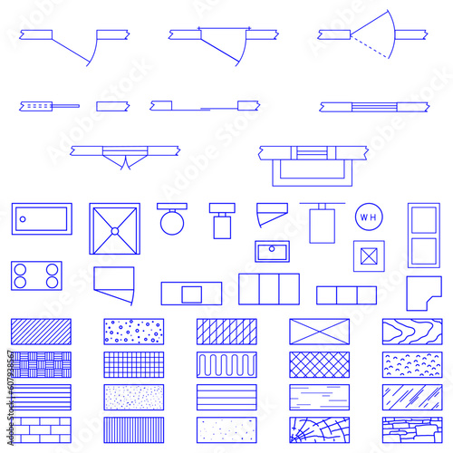 Complete set of blueprint icons and symbols used by architects and designers in the production of plans and documents.