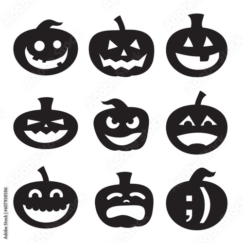 Halloween decoration Jack-o-Lantern silhouette set. Carved pumpkin designs with different facial expressions, from silly to happy to scary.