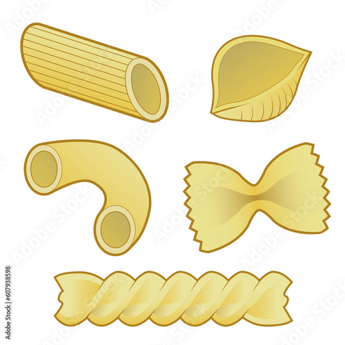 Stylized vector illustration of various pasta types used in italian cuisine, including macaroni, rigatoni, penne, shells, rotini, and farfalle (bowtie).