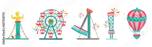 Colorful Amusement Park Funfair Carousels and Attraction Vector Set