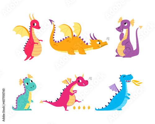 Fire Breathing Baby Dragon with Wings and Tail Vector Set