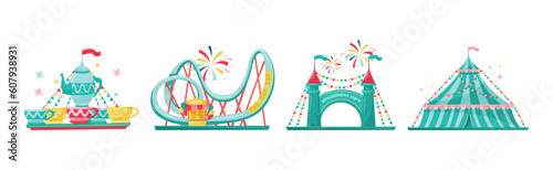 Colorful Amusement Park Funfair Carousels and Attraction Vector Set