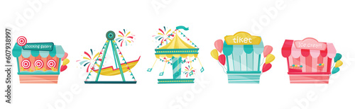 Colorful Amusement Park Funfair Carousels and Attraction Vector Set