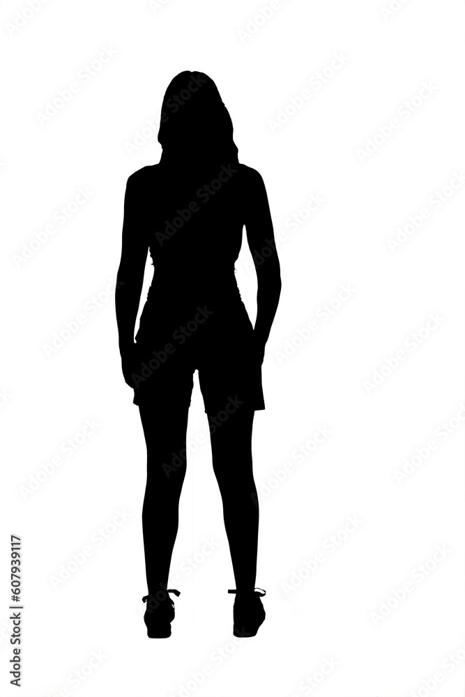 back view of a silhouette of a young girl in a top and shorts on white background back view of a silhouette of a young girl in a top and shorts on white background