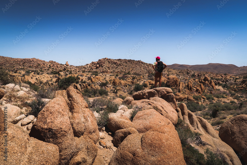 Outdoor lifestyle: Traveling, exploring, camping, and hiking by Jumbo Rocks Campground in Joshua Tree National park, High Desert.