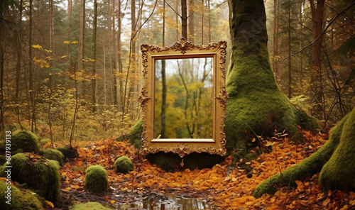 Mirror sitting in the middle of a forest and reflecting the beauty of autumn.