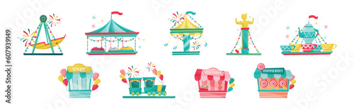 Colorful Amusement Park Funfair Carousels and Attraction Vector Set