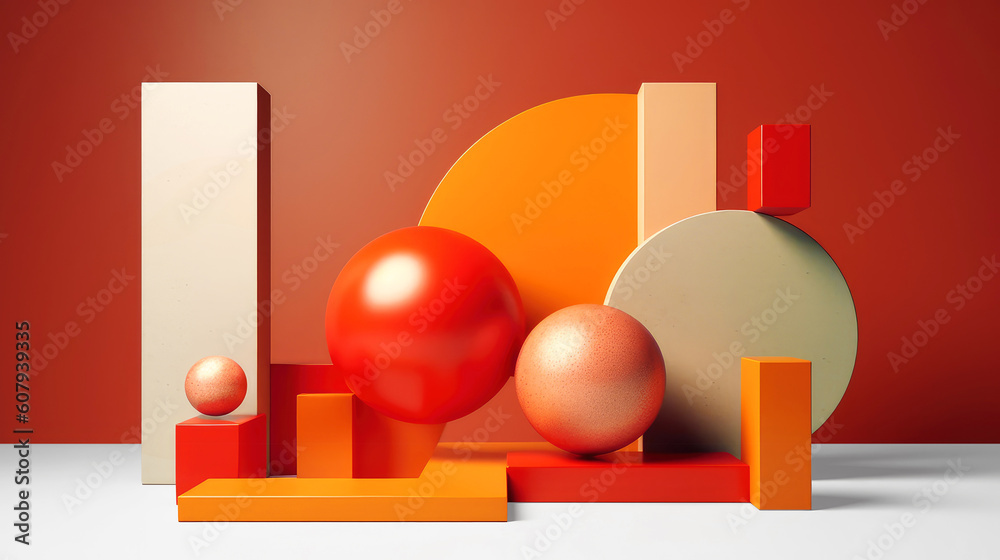Scene with podium, balls. Minimal product display mock up scene and geometric shape object. Bright colors scene. Abstract minimal concept, blank space, clean design style. Generative Ai