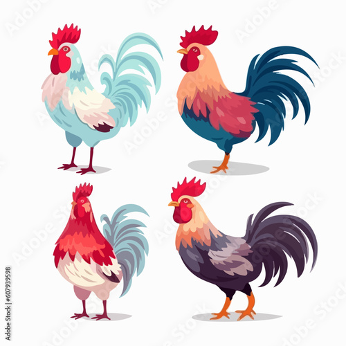 Authentic cockerel illustrations inspired by traditional folk art styles.