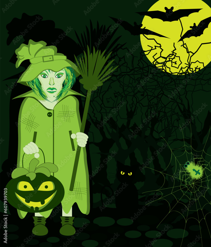 creepy witch at night with moon and bats and cat in the forest creepy witch at night with moon and bats and cat in the forest