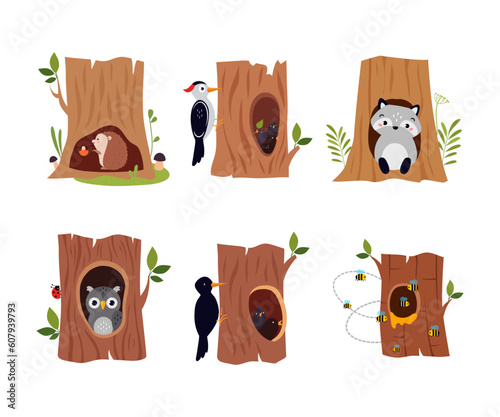 Forest Animal in Their Cozy Home and Burrow Vector Set