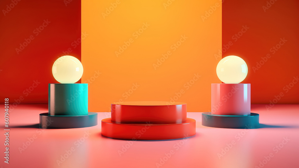 Background scene with podium, minimal product display mock up scene and geometric shape object. Bright colors. Abstract minimal concept, blank space, clean design, style. Generative Ai Background scene with podium, minimal product display mock up scene and geometric shape object. Bright colors. Abstract minimal concept, blank space, clean design, style. Generative Ai
