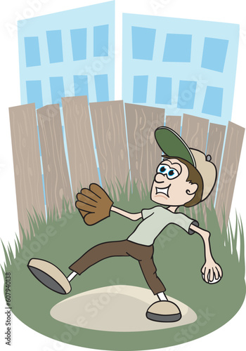 Illustration of a boy playing baseball in an inner city baseball field.