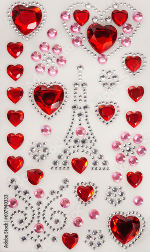 Romantic stickers for Valentine's Day: red hearts, Eiffel Tower, pink and silver rhinestones. Greeting card. Love and romantic concept.