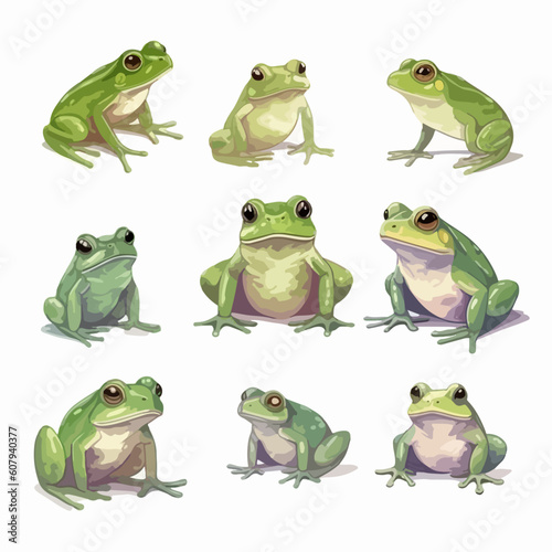 Playful frog illustration in various poses, perfect for kids' books.