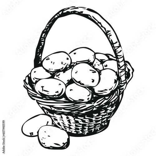 potatoes in a wicker basket, black and white illustration