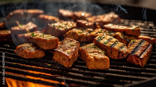 sliced Tempeh being cooked on a grill, with grill marks and sizzling