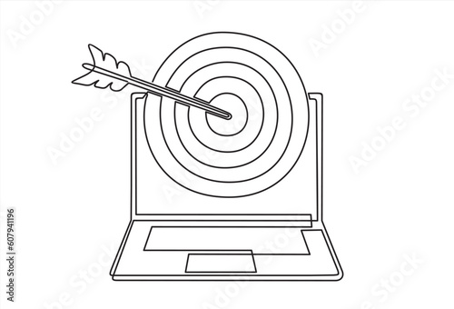 Continuous one line drawing of laptop with arrow on target circle.Target bullseye or arrow on target. The online business grows according to the goals set. Business market concept. 