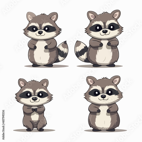 Whimsical raccoon illustrations in different poses  ideal for greeting cards.