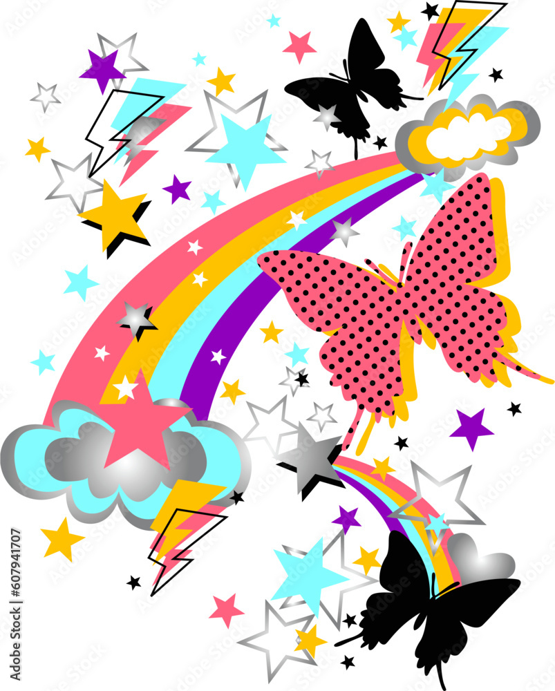 rainbow, butterfly and star funny artwork design