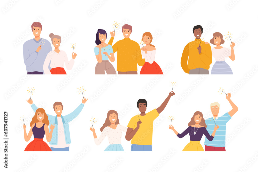 Happy People Characters with Fire Sparklers in Hands Vector Set Happy People Characters with Fire Sparklers in Hands Vector Set