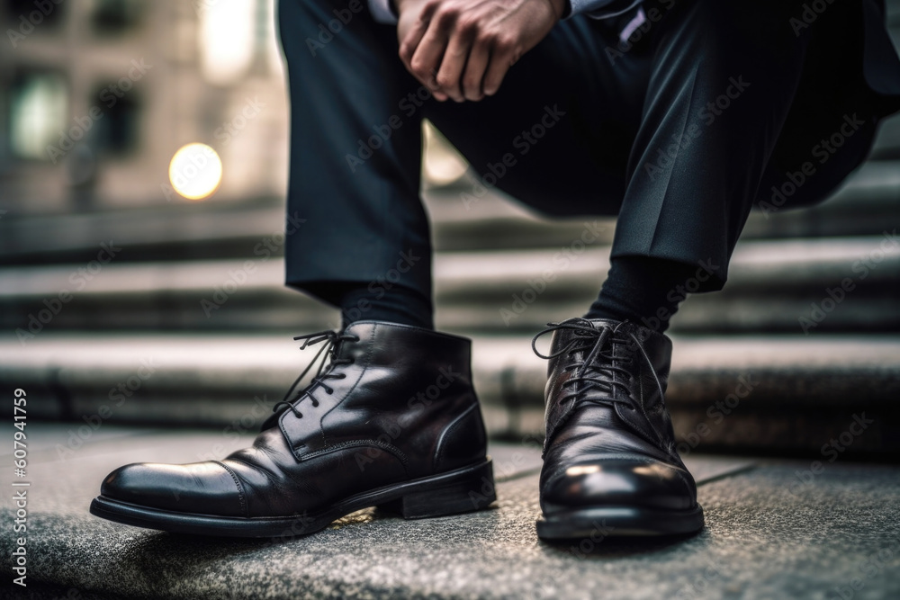Cropped shot of businessman wearing suit and elegant shoes sitting on sidewalk at city street. Leadership and success concept. Created with Generative AI Cropped shot of businessman wearing suit and elegant shoes sitting on sidewalk at city street. Leadership and success concept. Created with Generative AI
