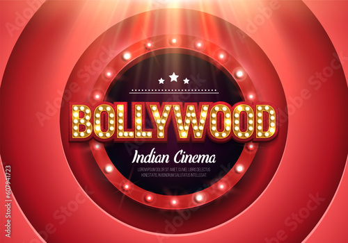Bollywood indian cinema. Movie banner or poster with retro billboard illuminated by spotlights. Vector illustration.